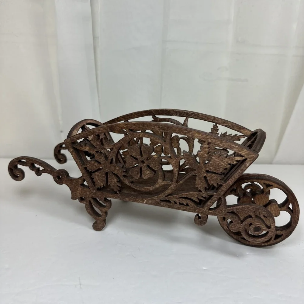 Hand Made Scrollwork Wooden Wheelbarrow Figurine 11
